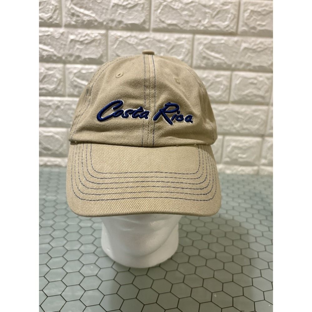 COSTA RICA PURA VIDA MENS DAD HAT BEIGE BLUE LETTERING STRAP BACK CAP  MORPHO CR